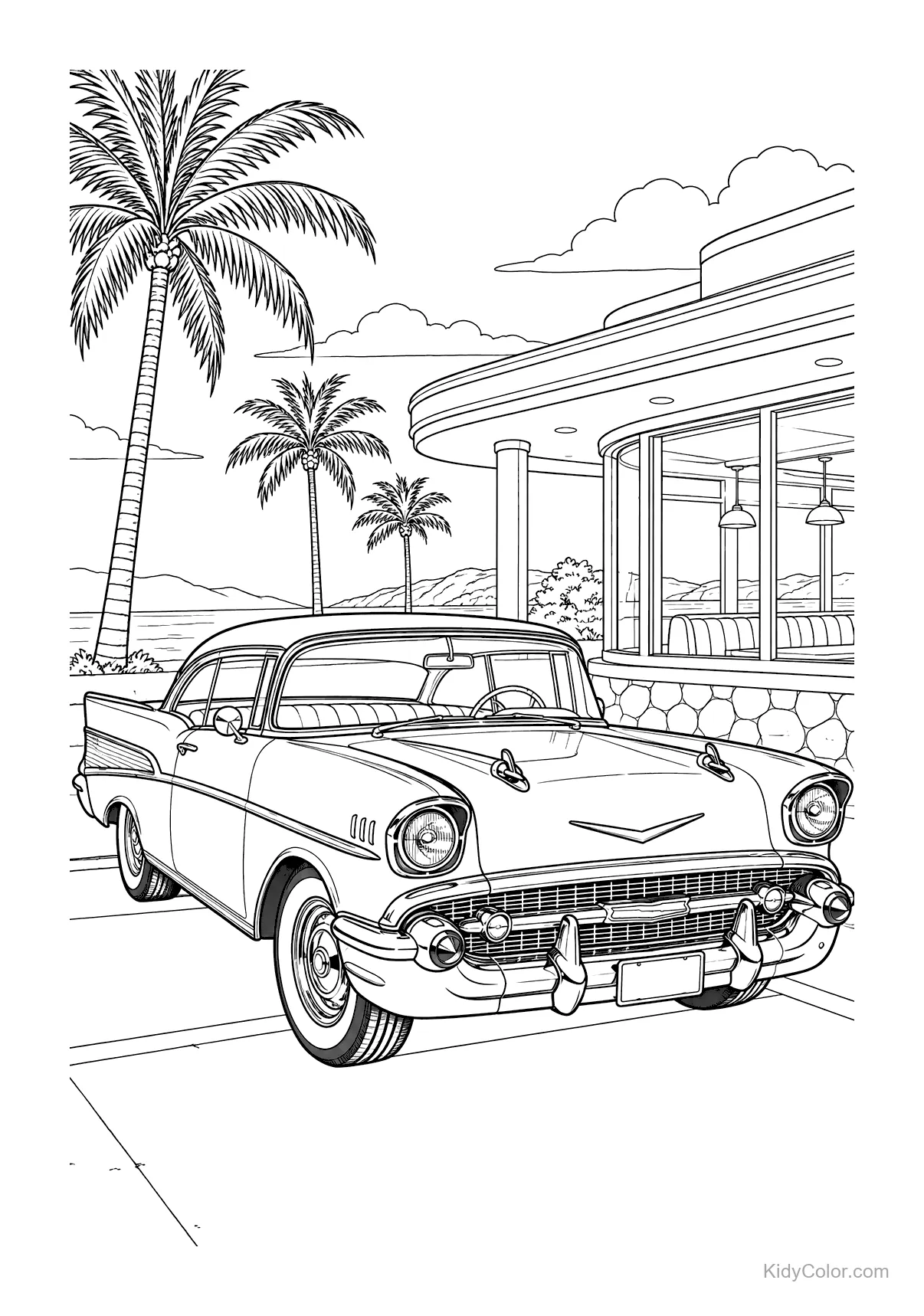 1950s classic car parked by a diner with palm trees.