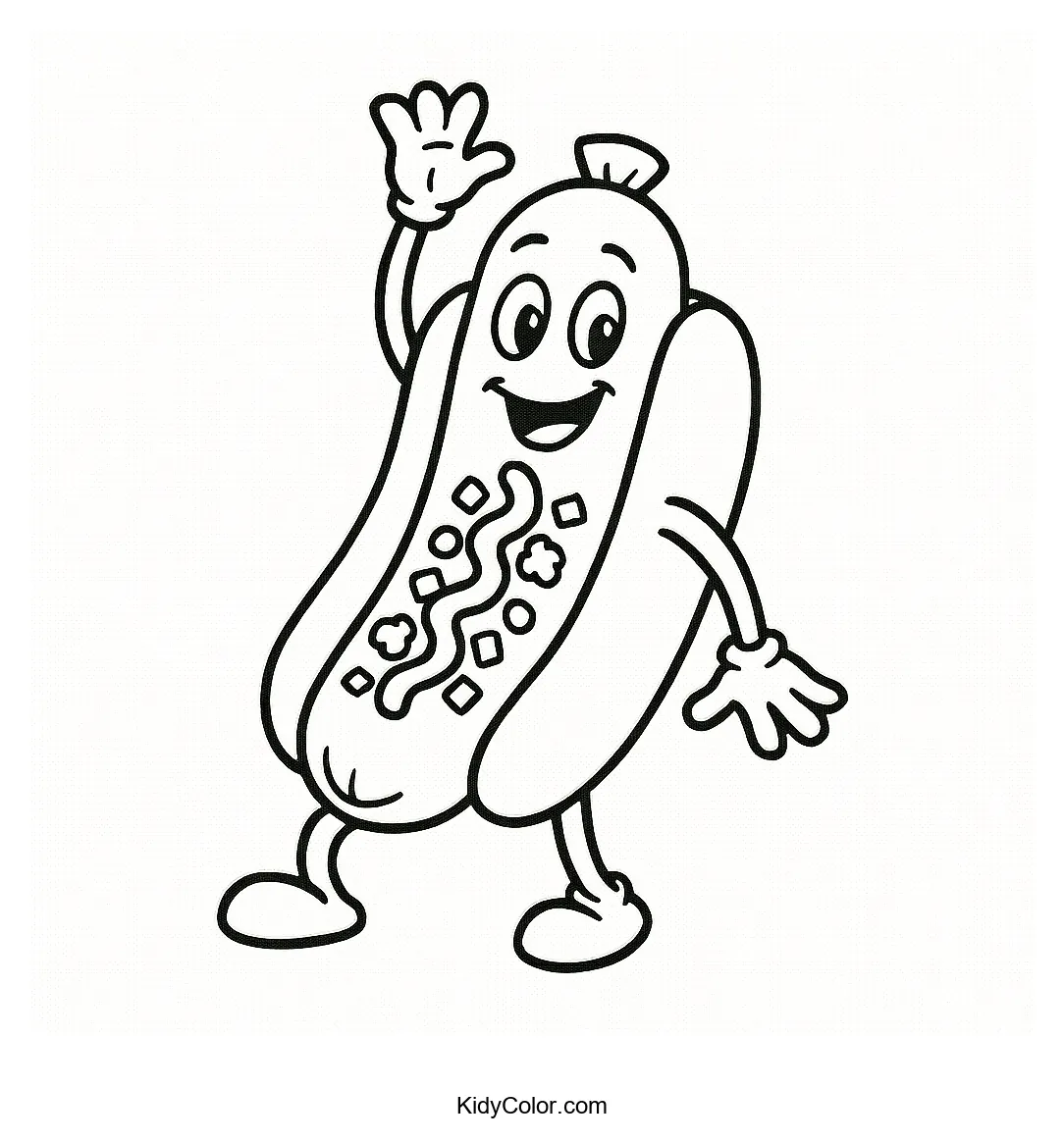 Anthropomorphic hot dog waving cheerfully