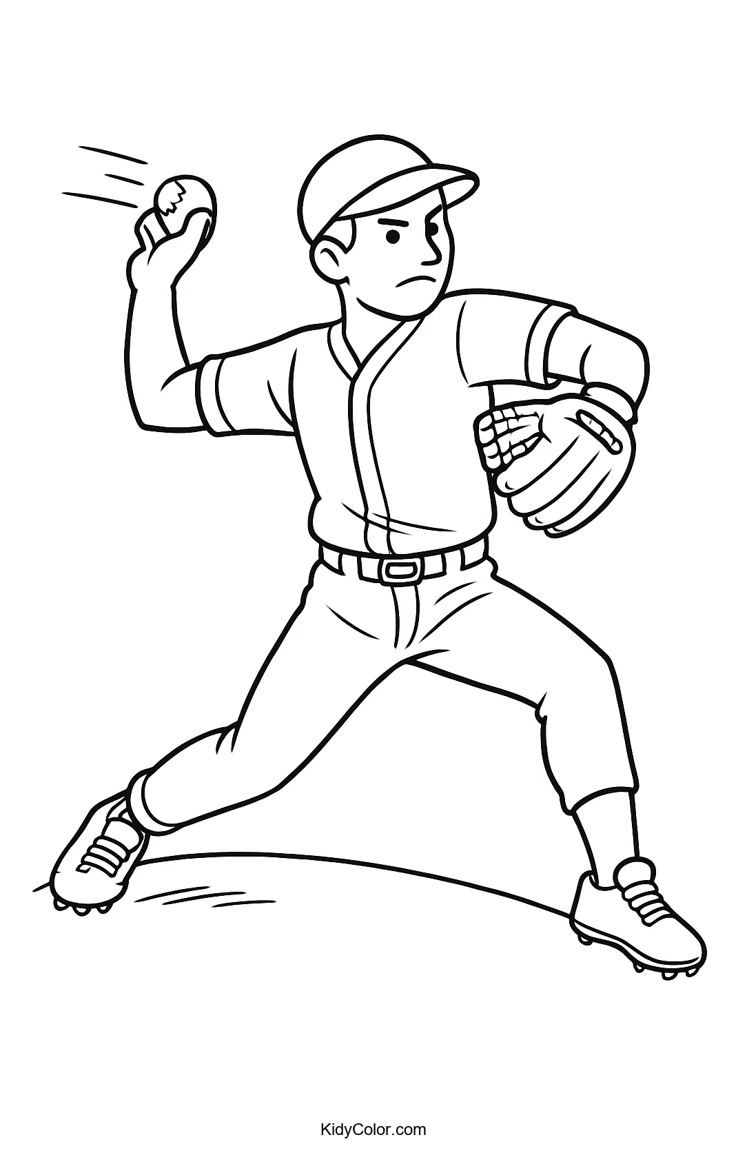 Coloring page of a baseball pitcher in motion