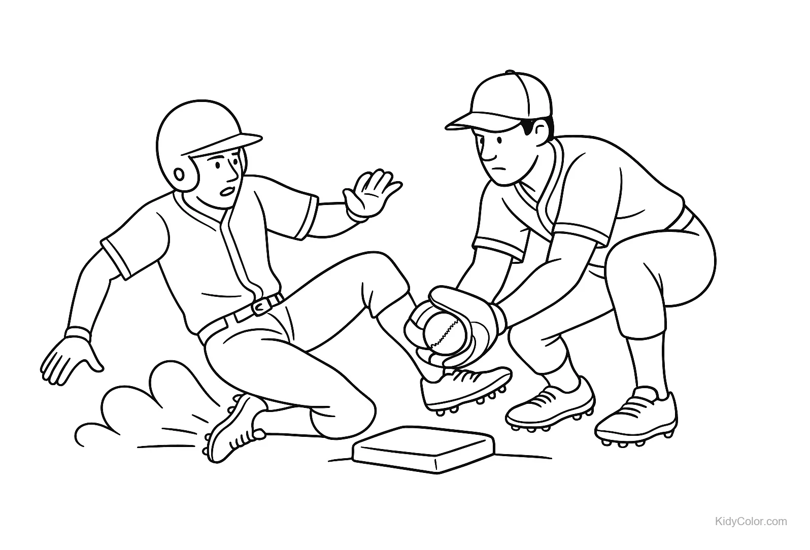 Dois jogadores de beisebol, um deslizando para a base e o outro tentando eliminar com a luva.