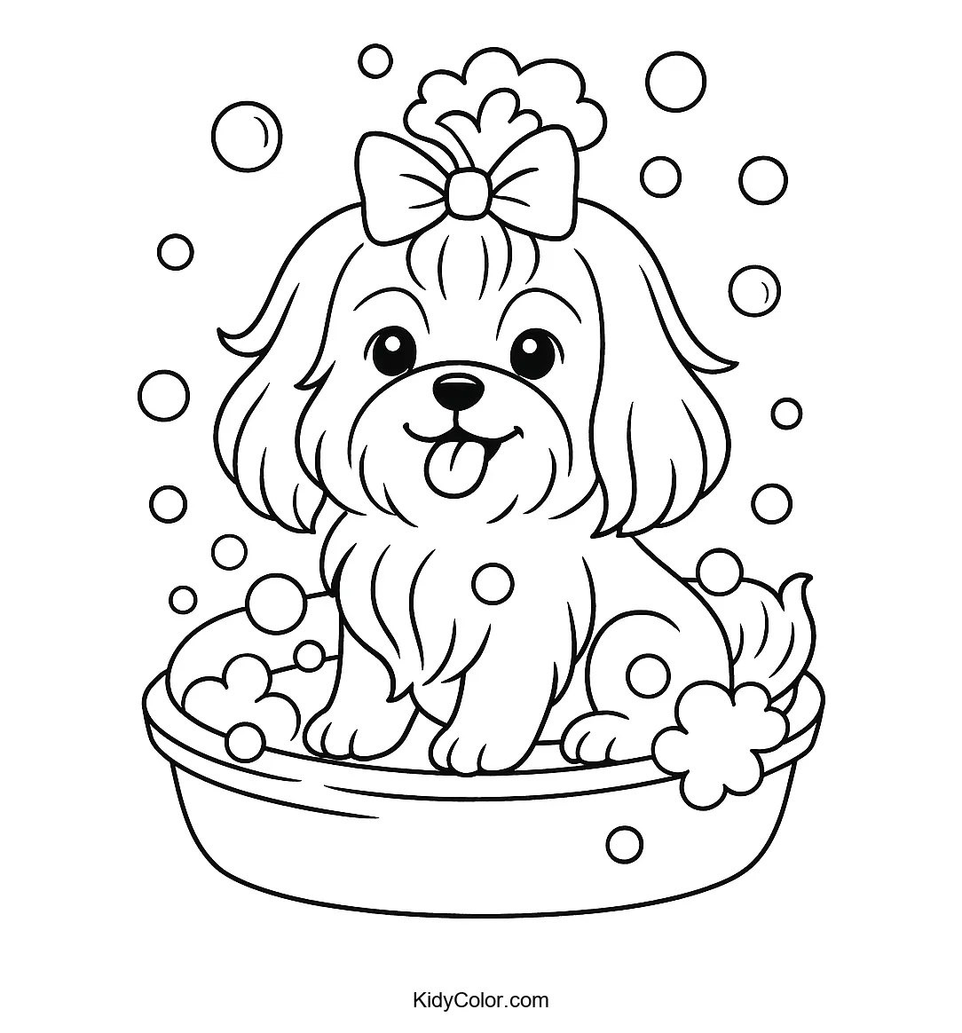 Coloring page of a Shih Tzu in a bath