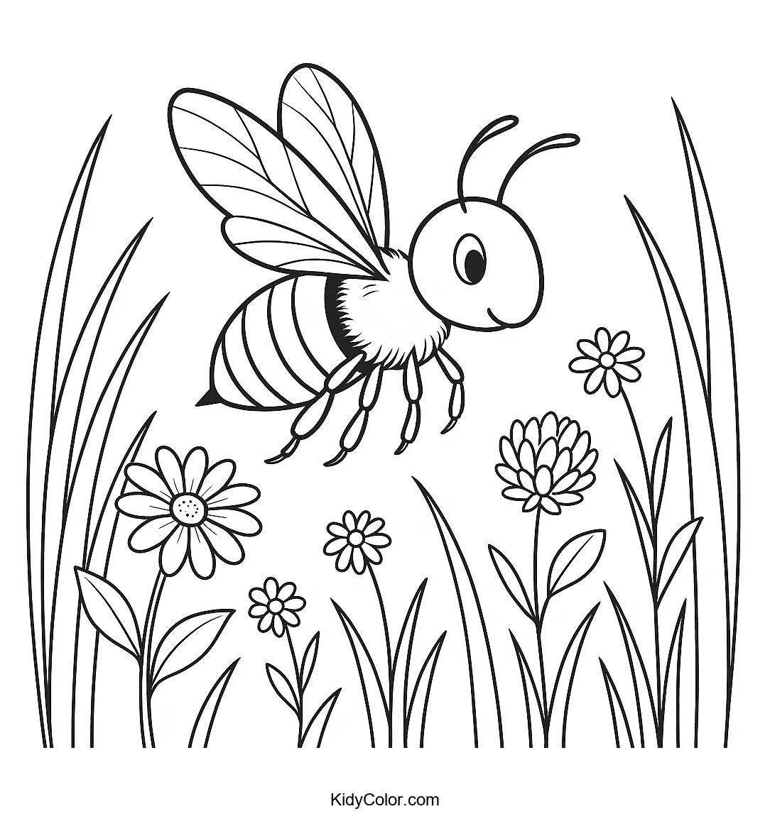 Bee flying in a colorful wildflower meadow