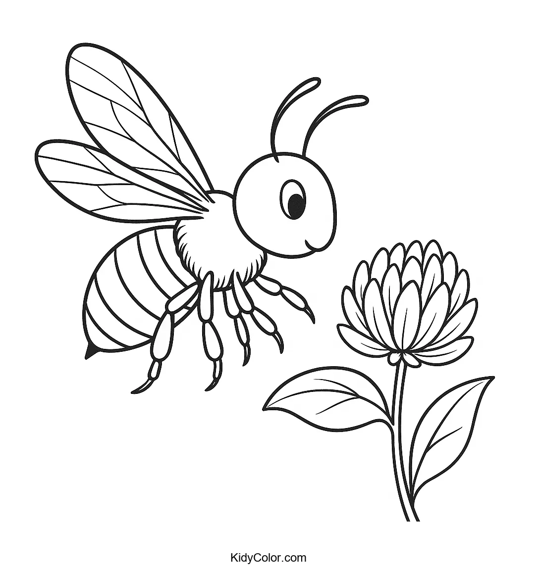 Bee sitting on a clover flower coloring page