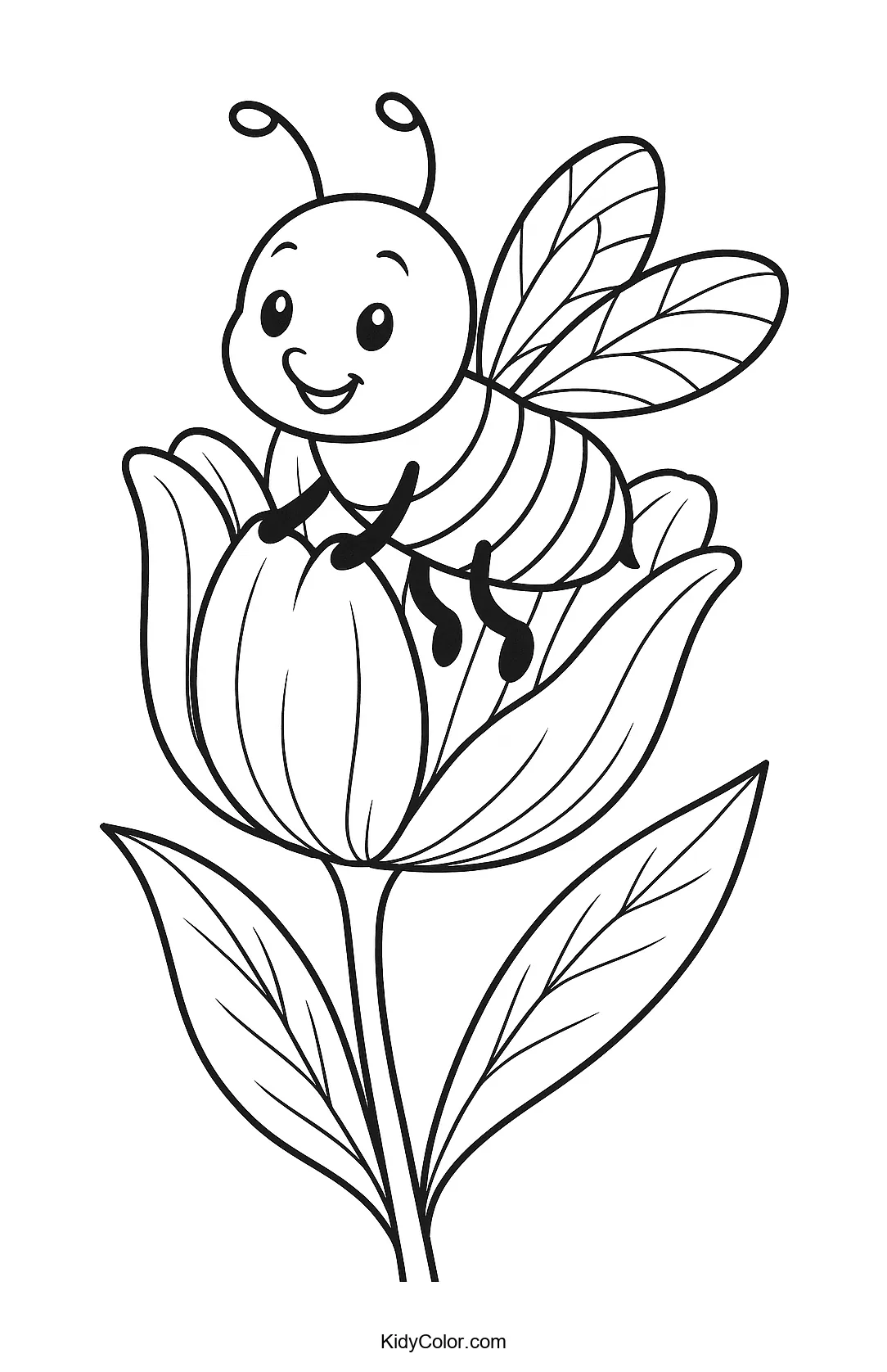 Bee on a tulip blossom coloring page