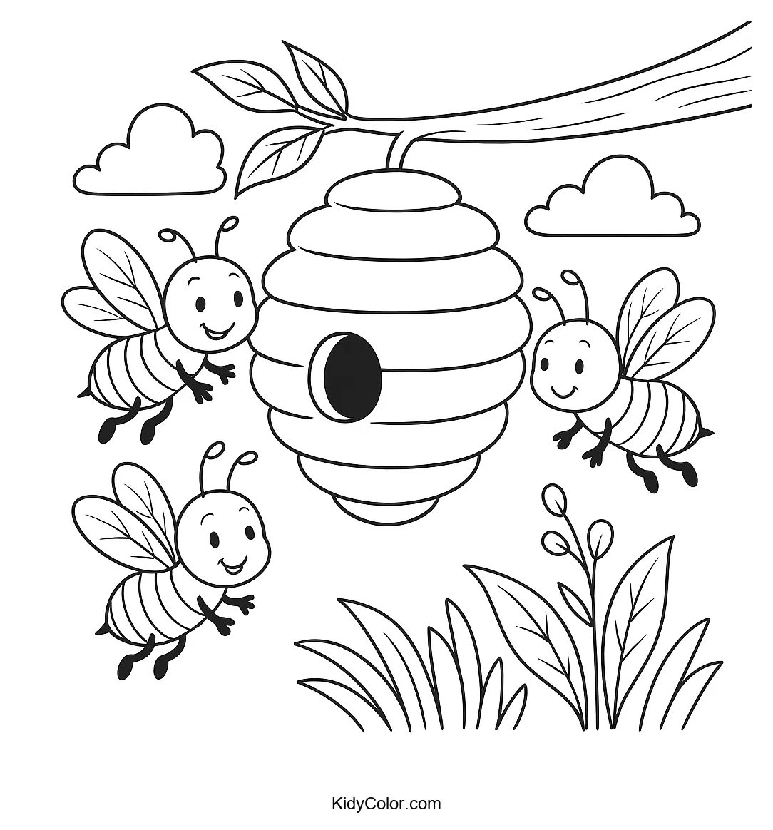 Coloring page of bees flying around a beehive.