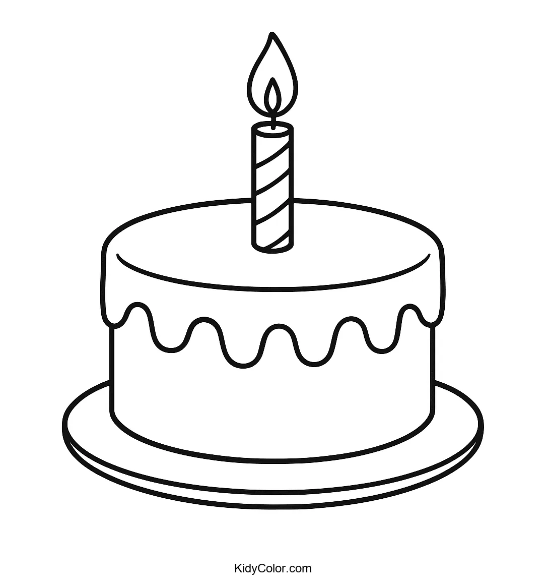Coloring page of a birthday cake with a lit candle