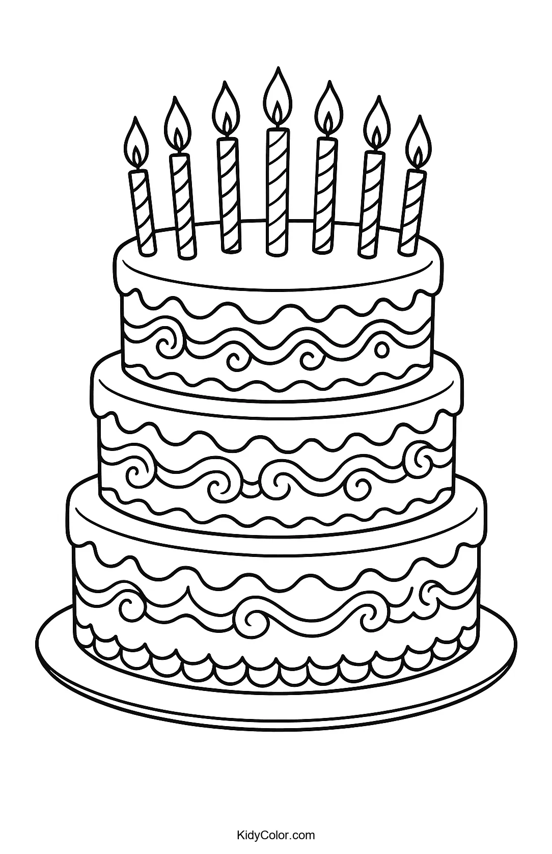 Coloring page image of a birthday cake with lit candles.