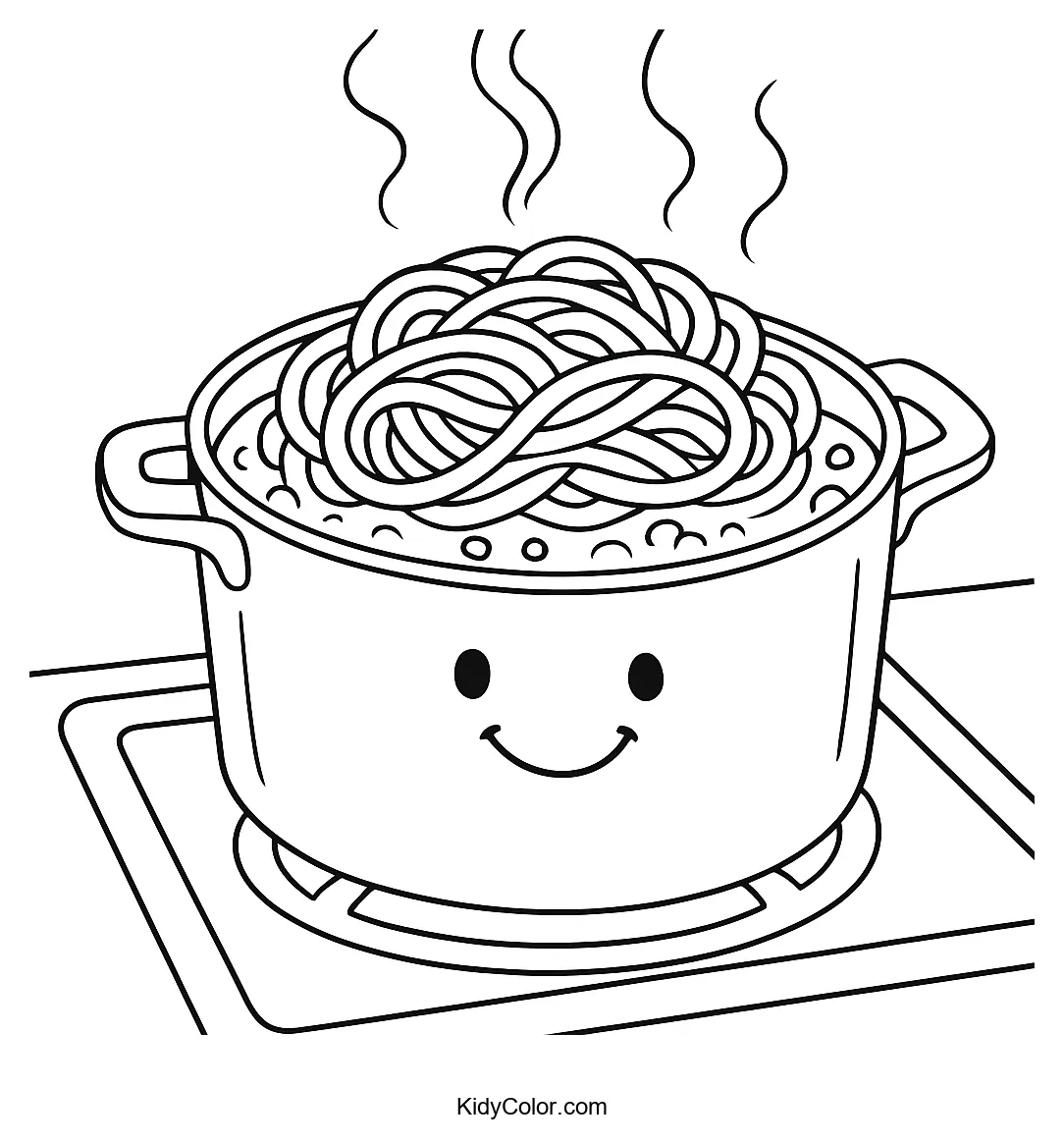 Coloring page of spaghetti boiling on a stovetop