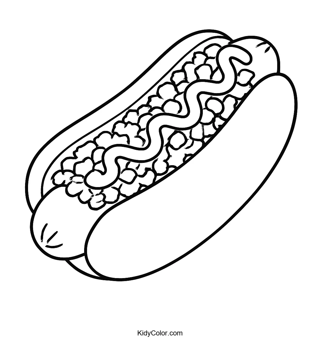 Coloring page of a hot dog with various toppings