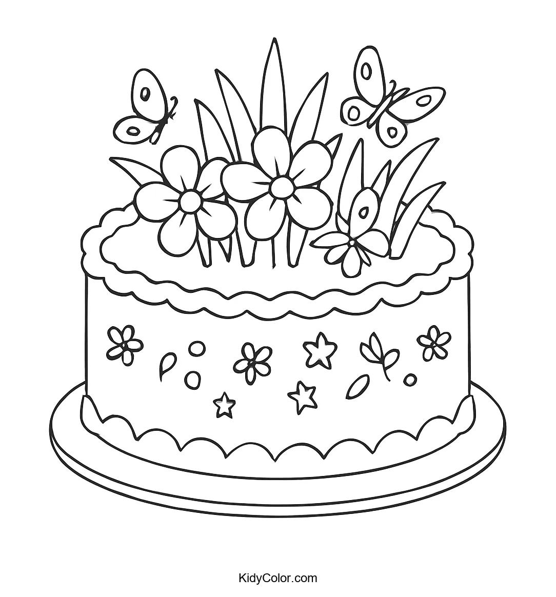 Botanical cake design coloring page for kids