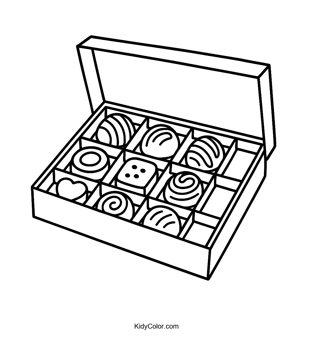 Box of assorted chocolates coloring page