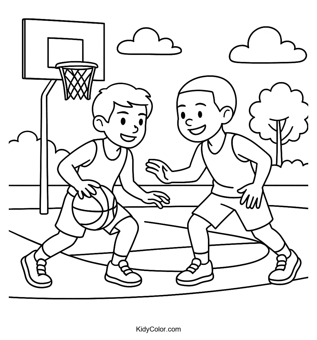 Boys playing basketball outdoors coloring page