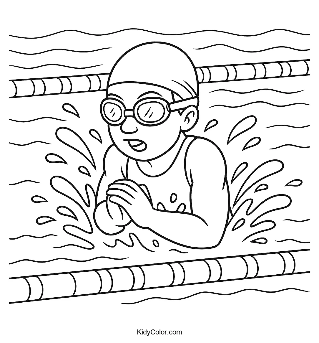 Coloring page showing a swimmer performing breaststroke