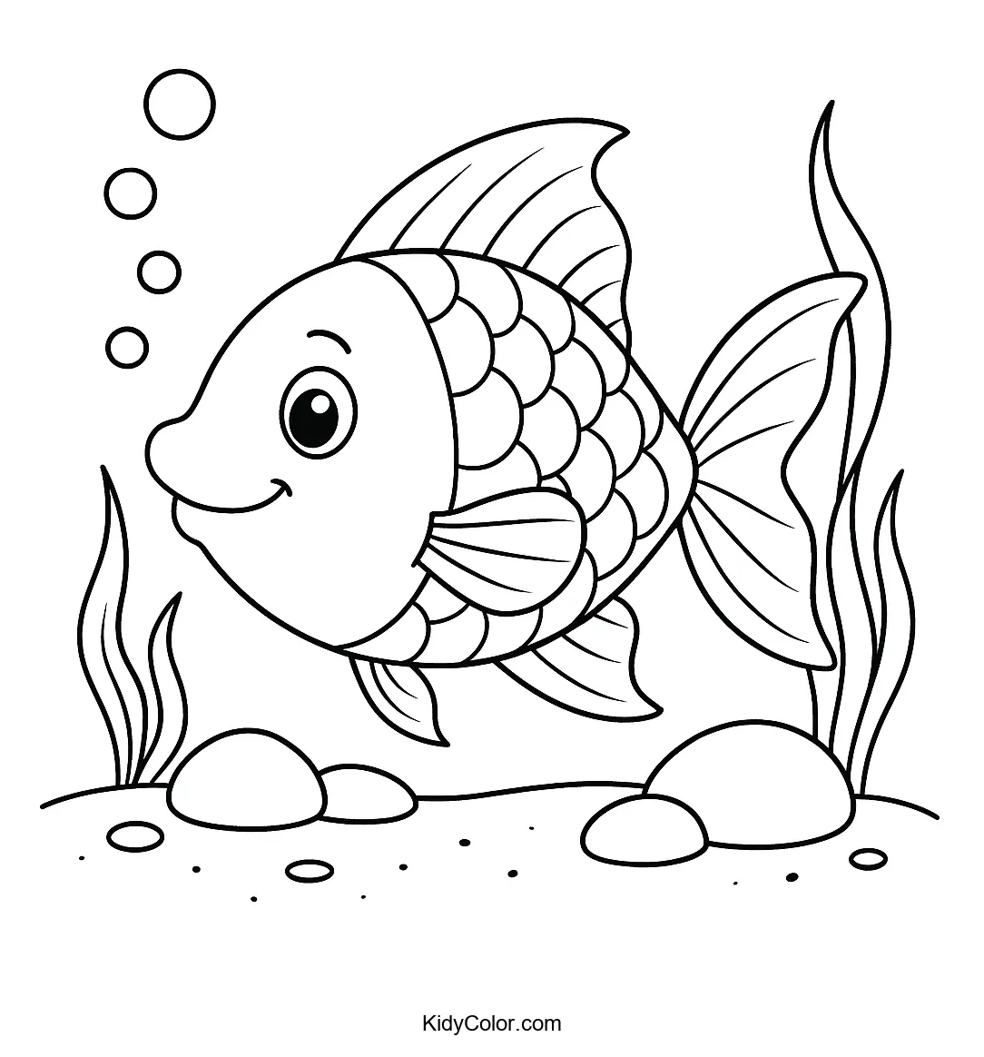 Cartoon fish in an underwater scene with sea plants