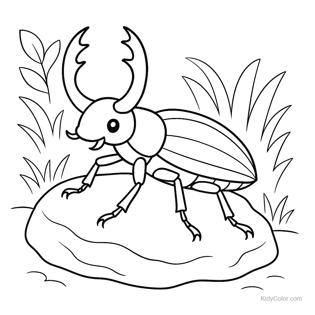 Desenho de besouro veado em uma pedra com plantas ao redor.