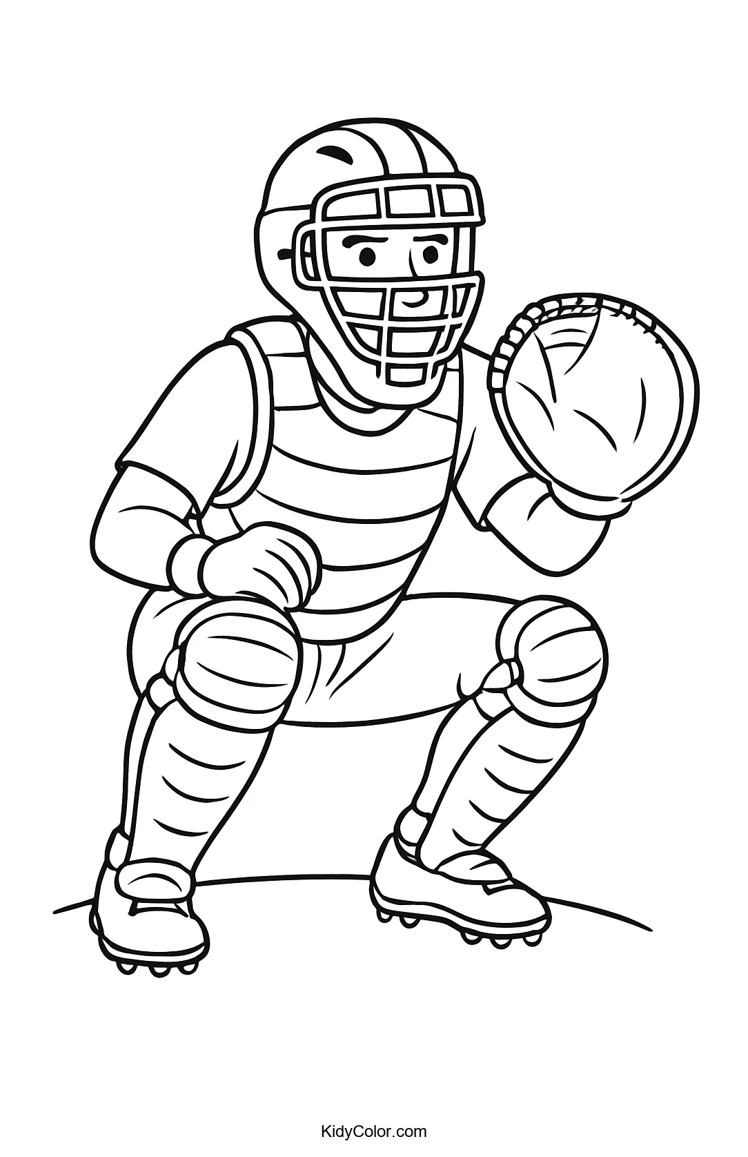 Coloring page of a catcher ready to catch a baseball pitch.