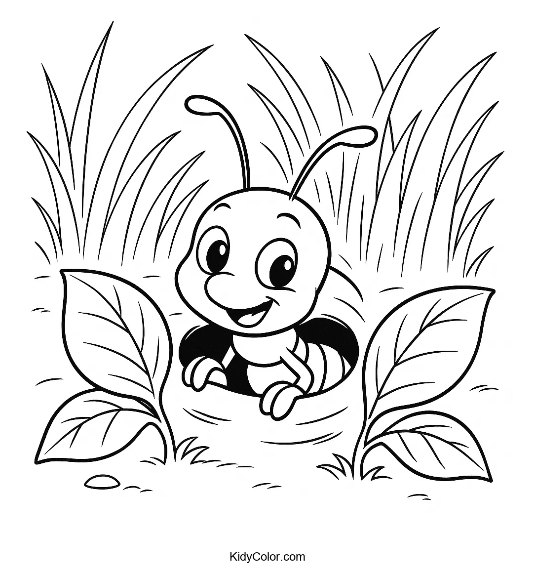 Cheerful ant in a leafy hideaway