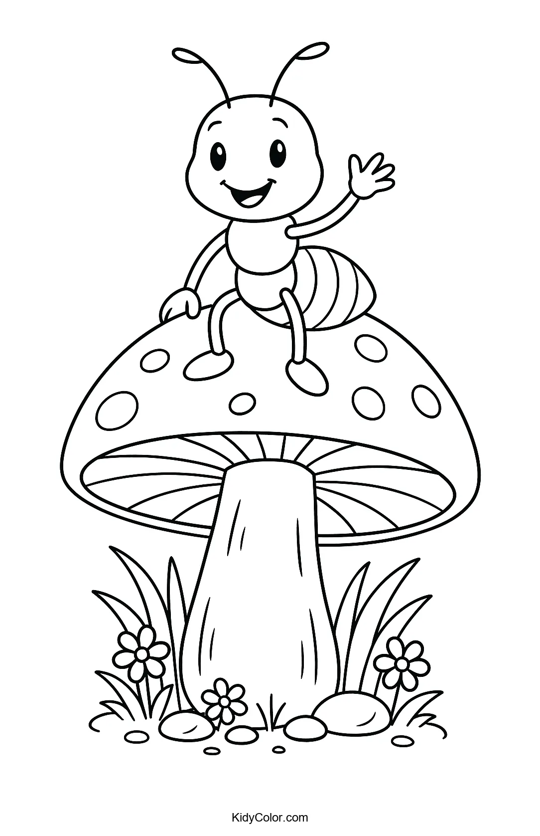 Coloring page of a cheerful ant sitting on a mushroom.