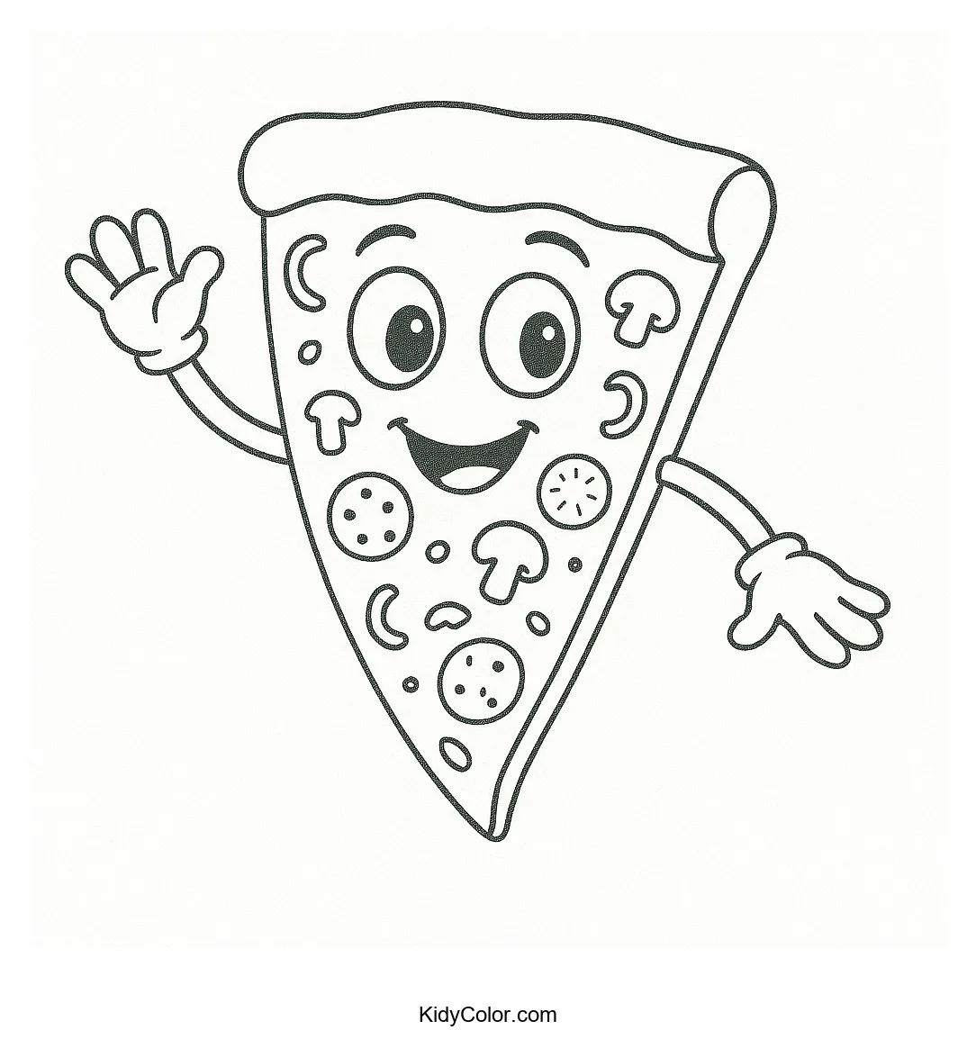 A cheerful pizza slice character with a smiling face.