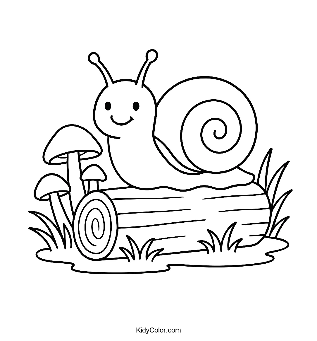 Snail smiling on a log.