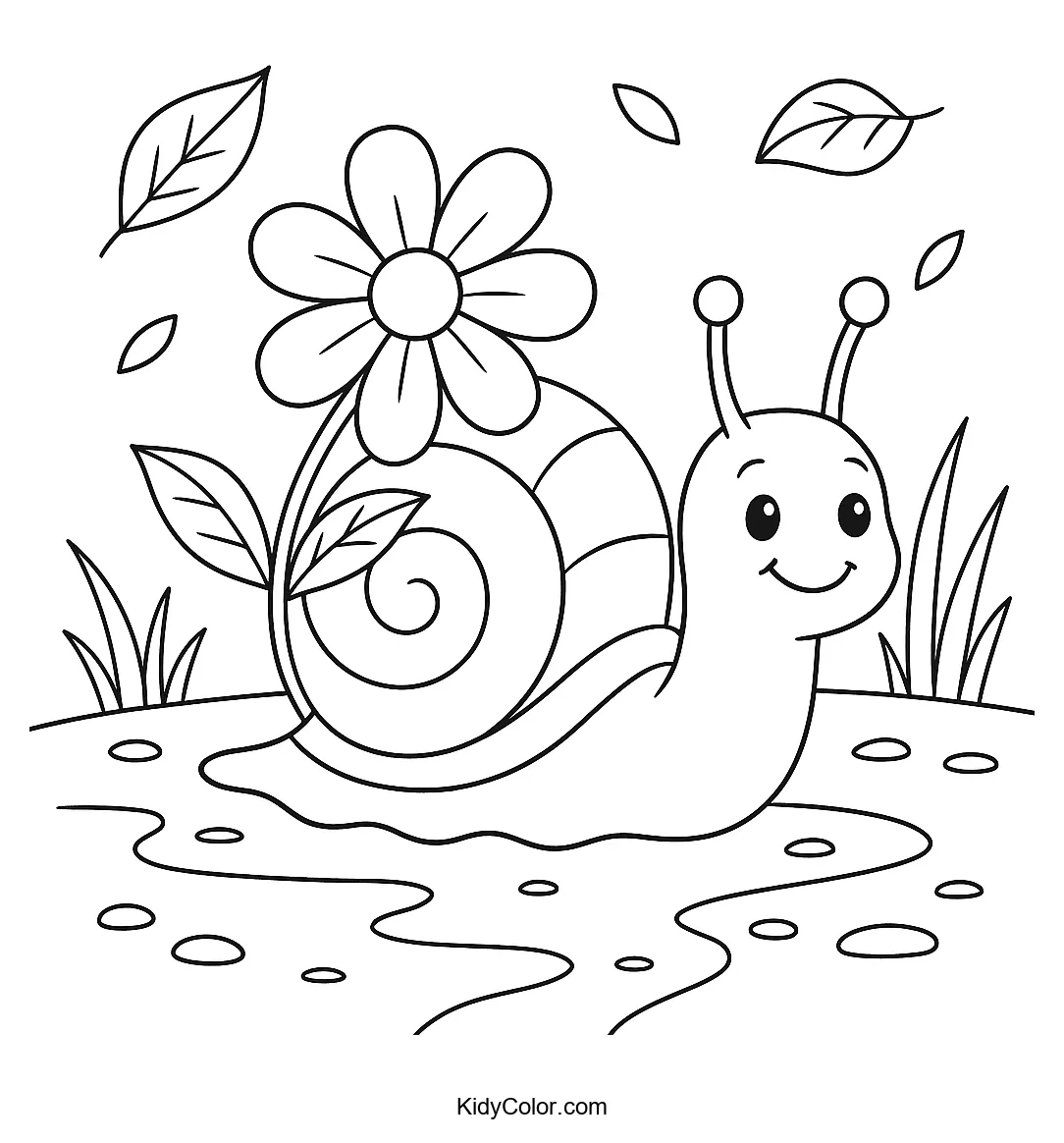 Cheerful snail with a flower coloring page