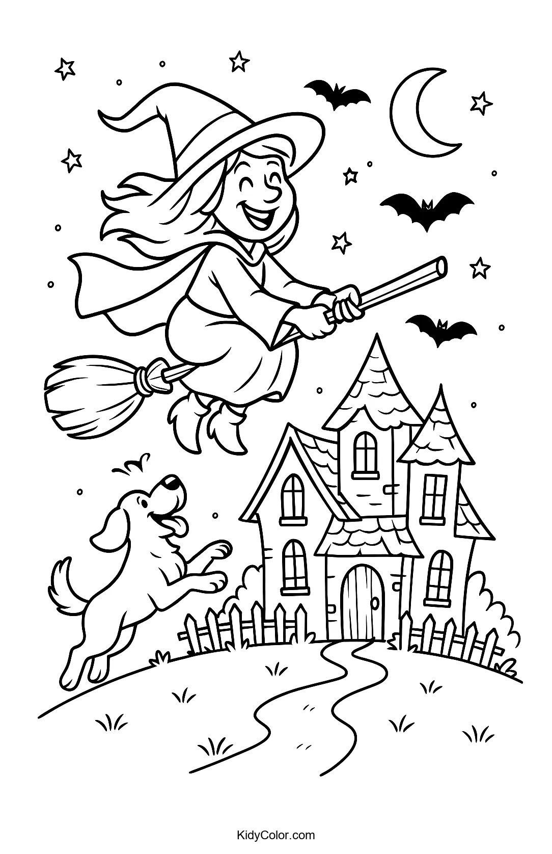Cheerful witch flying over a haunted house