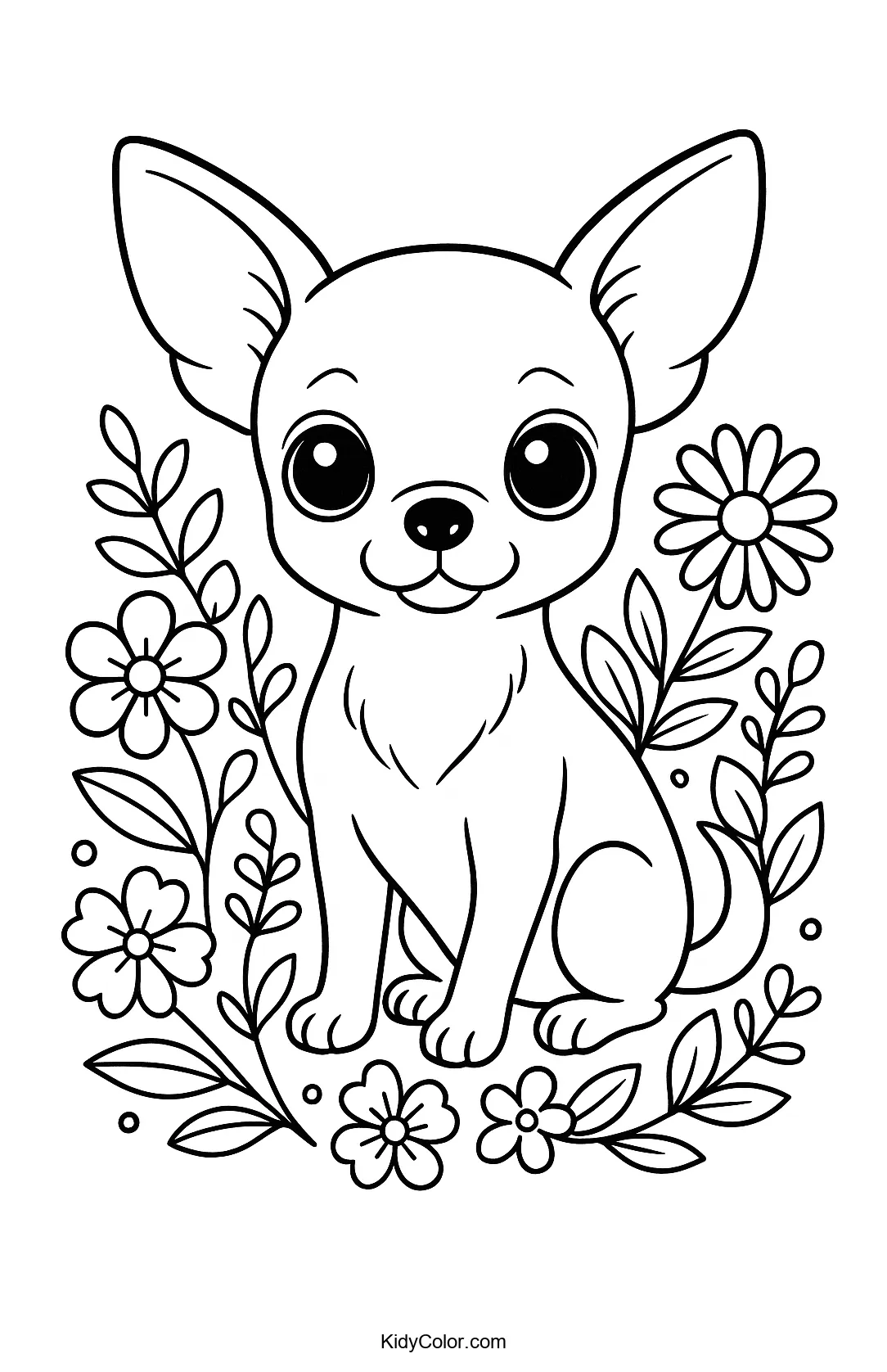 Chihuahua in a garden with flowers and foliage