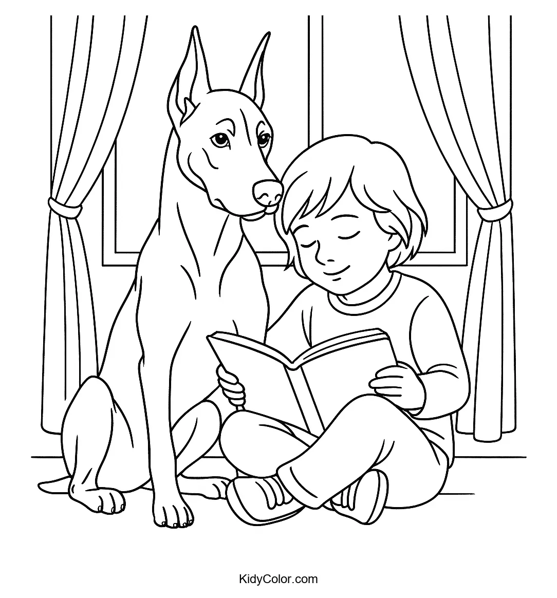 Child reading a book to a Doberman Pinscher