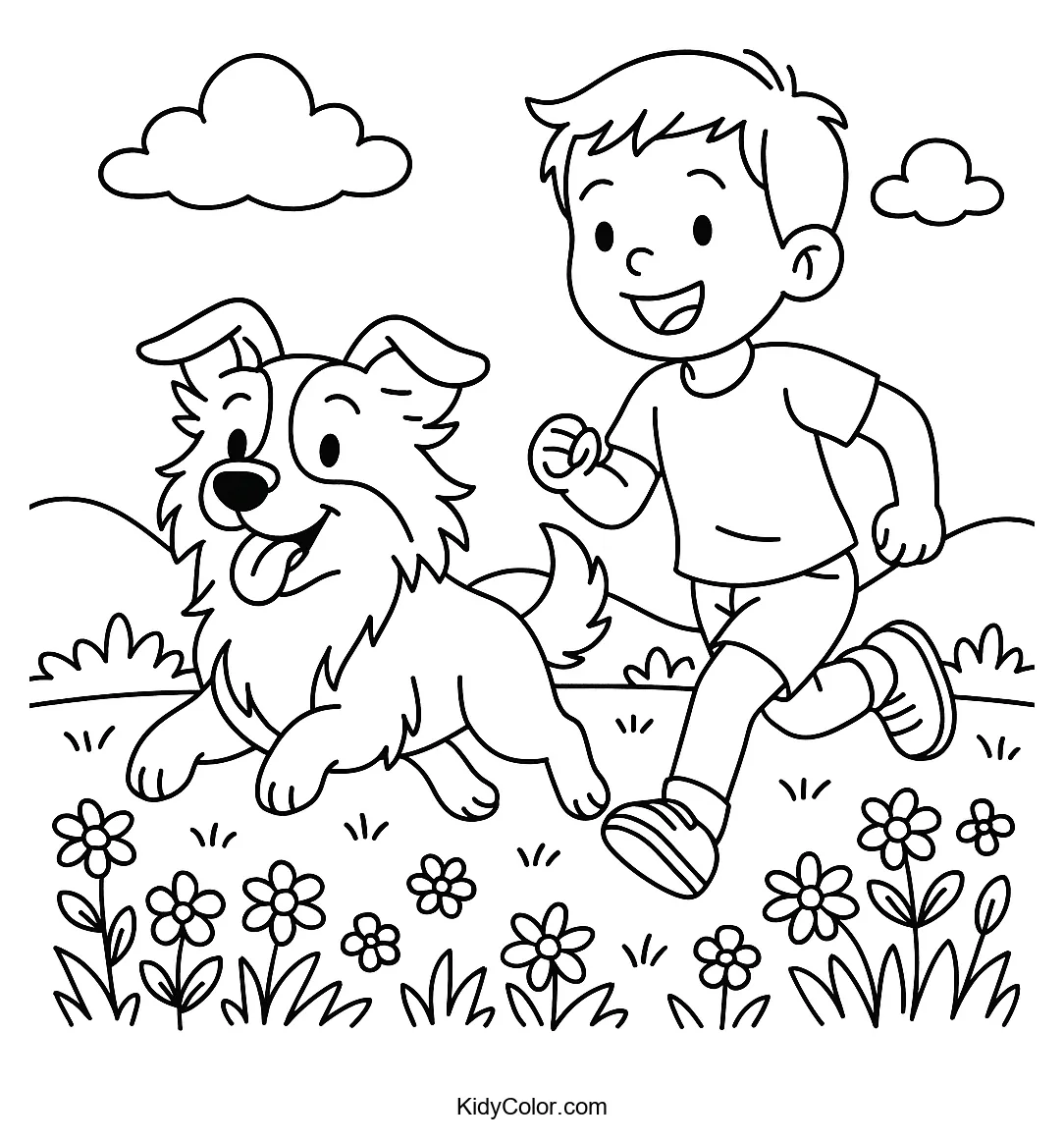 Child with dog in a meadow coloring page