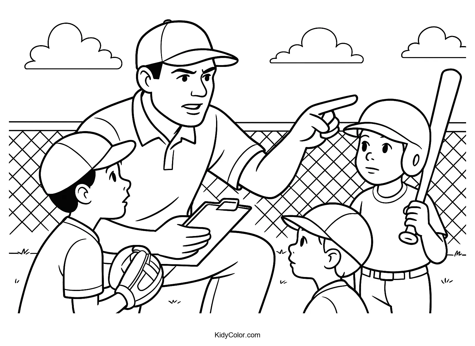 Coach guiding young baseball players