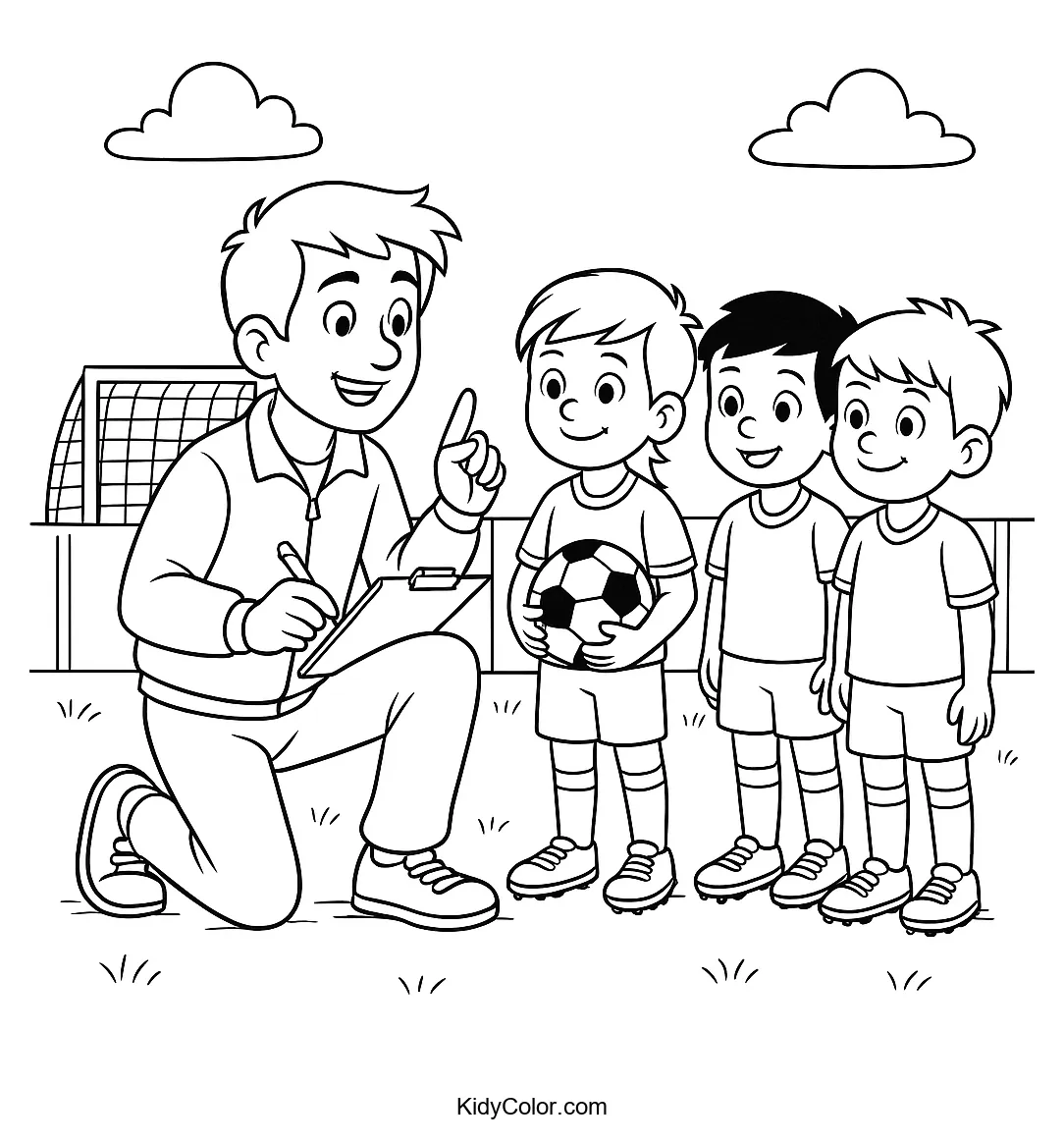 Coloring page of a coach on the sideline with players.