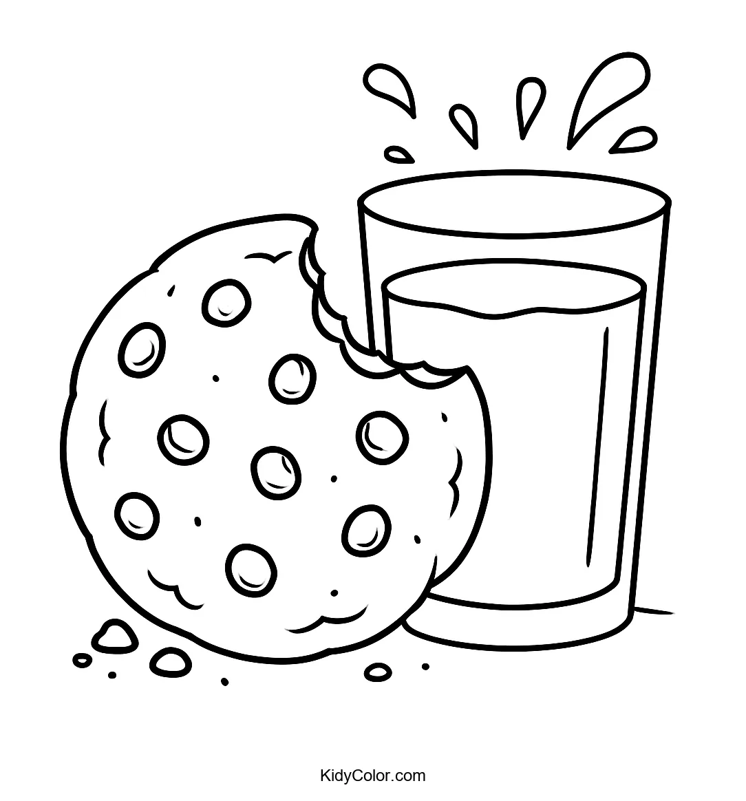 Coloring page of cookies and a glass of milk.
