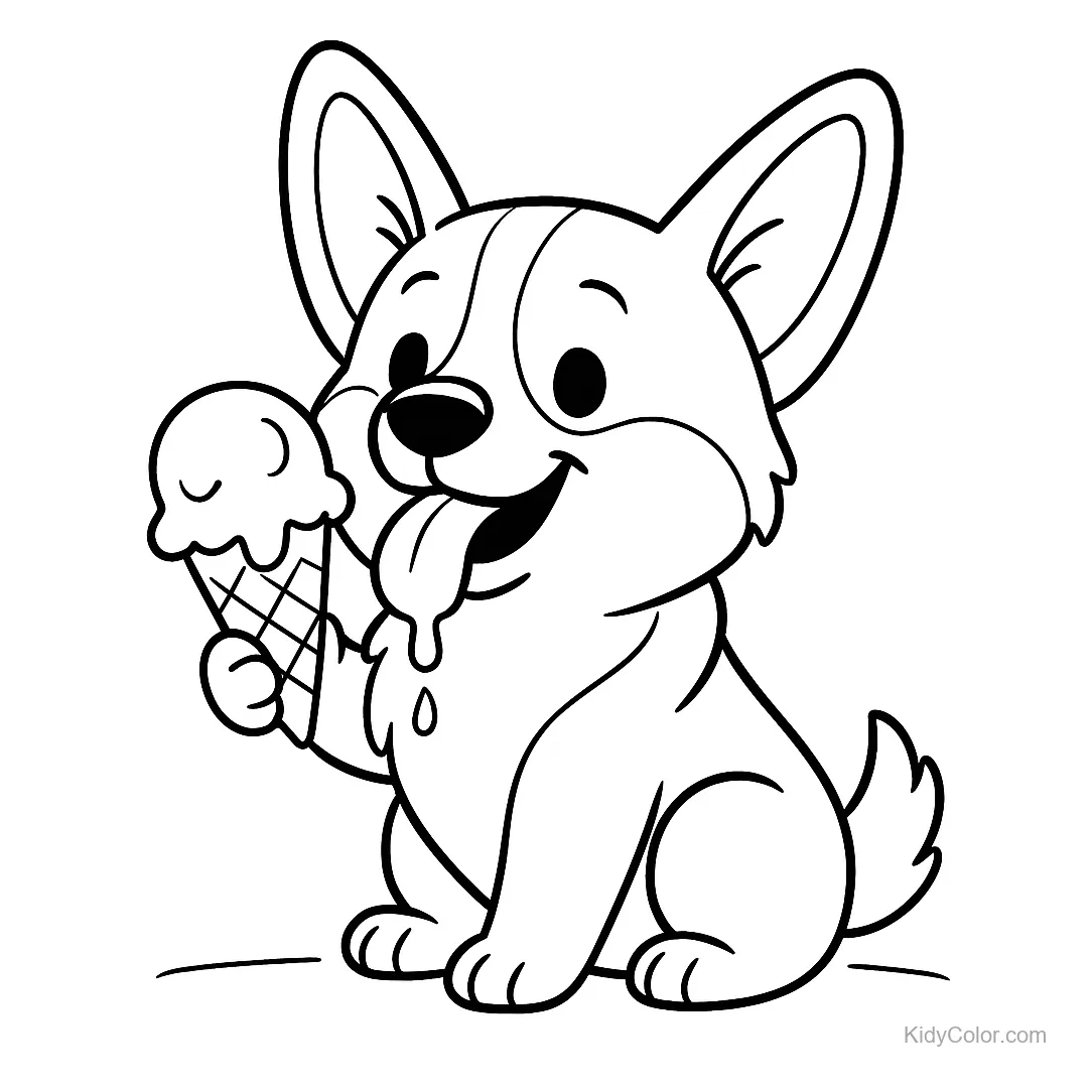 Corgi hält eine Eiswaffel und leckt daran.