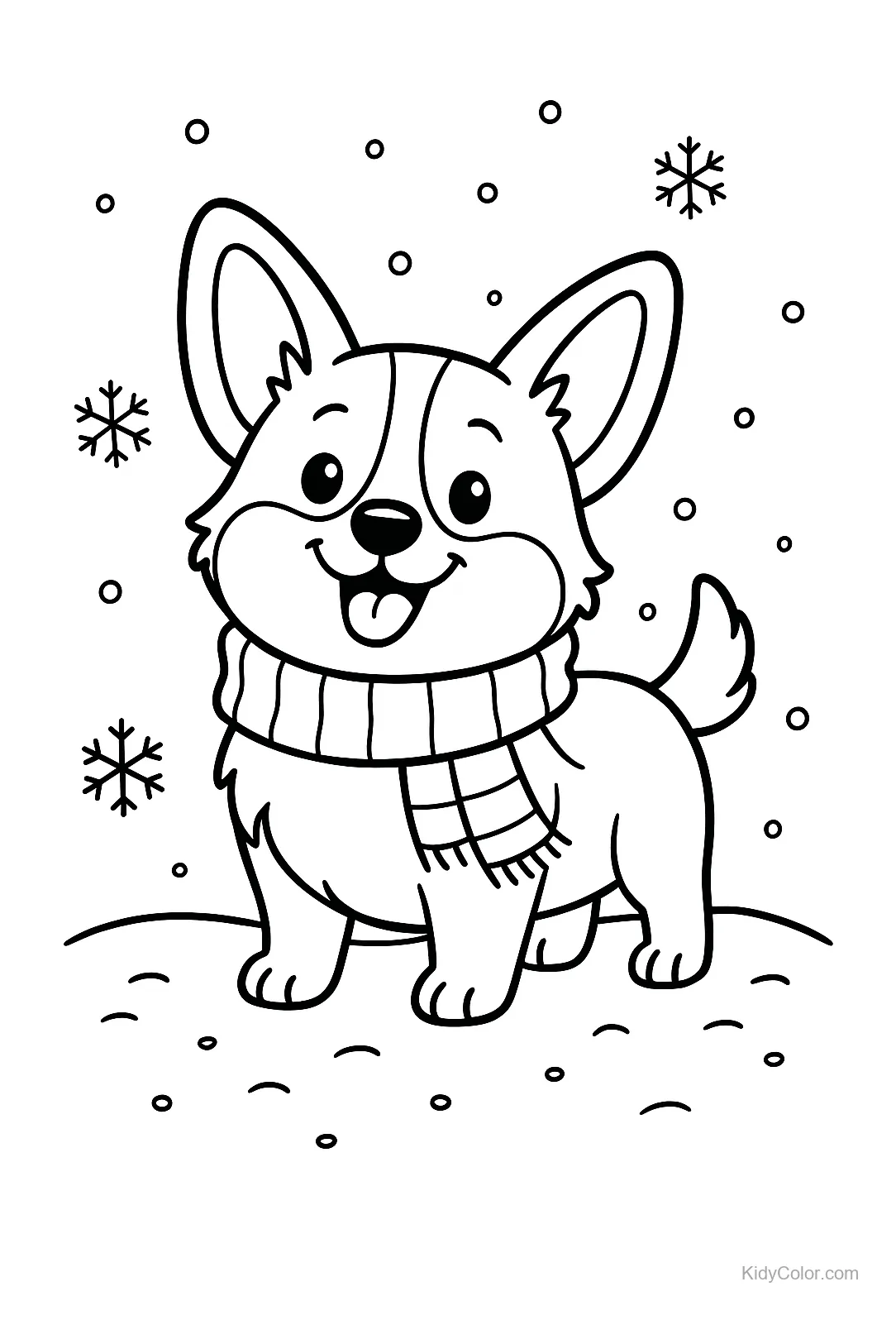 Fröhlicher Corgi mit Schal im Schnee, umgeben von Schneeflocken.