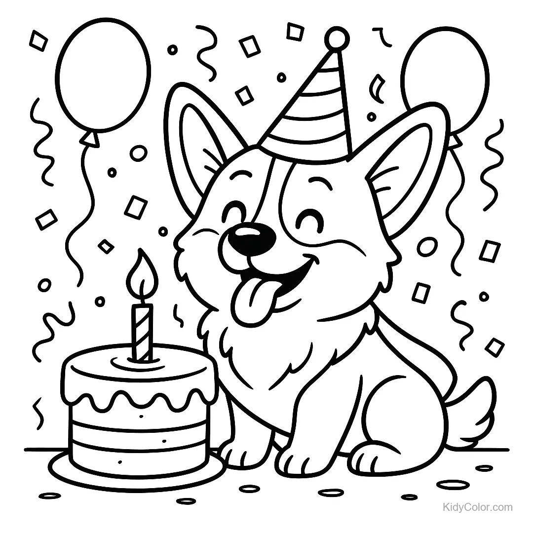 Een corgi met feesthoed bij een verjaardagstaart, omringd door ballonnen en confetti.