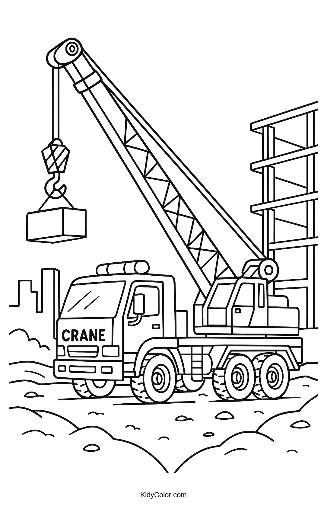 Crane in a construction site coloring page