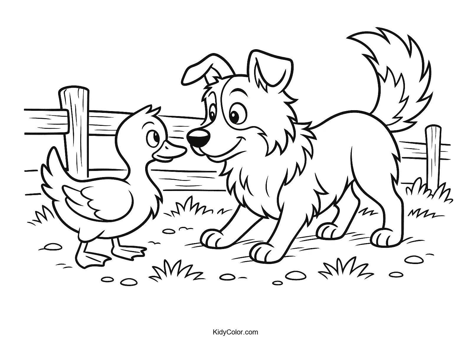 Collie dog and duck encounter coloring page