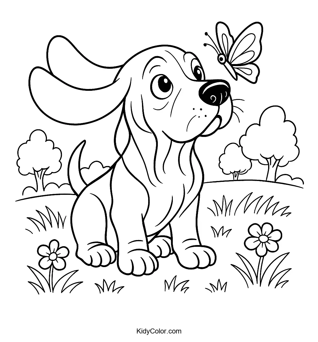 Coloring page of a puppy and a butterfly in a field
