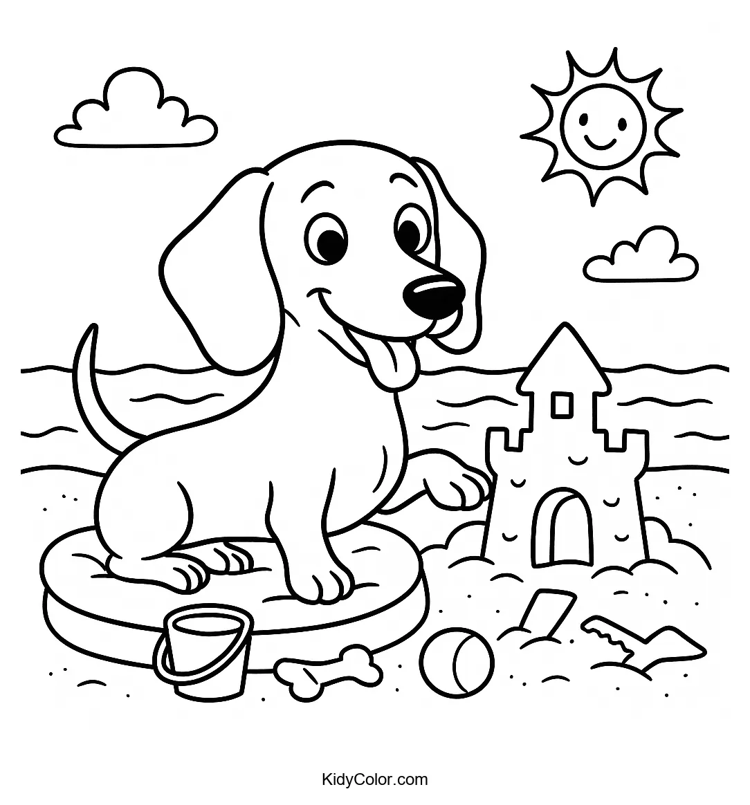 Dachshund building a sandcastle at the beach