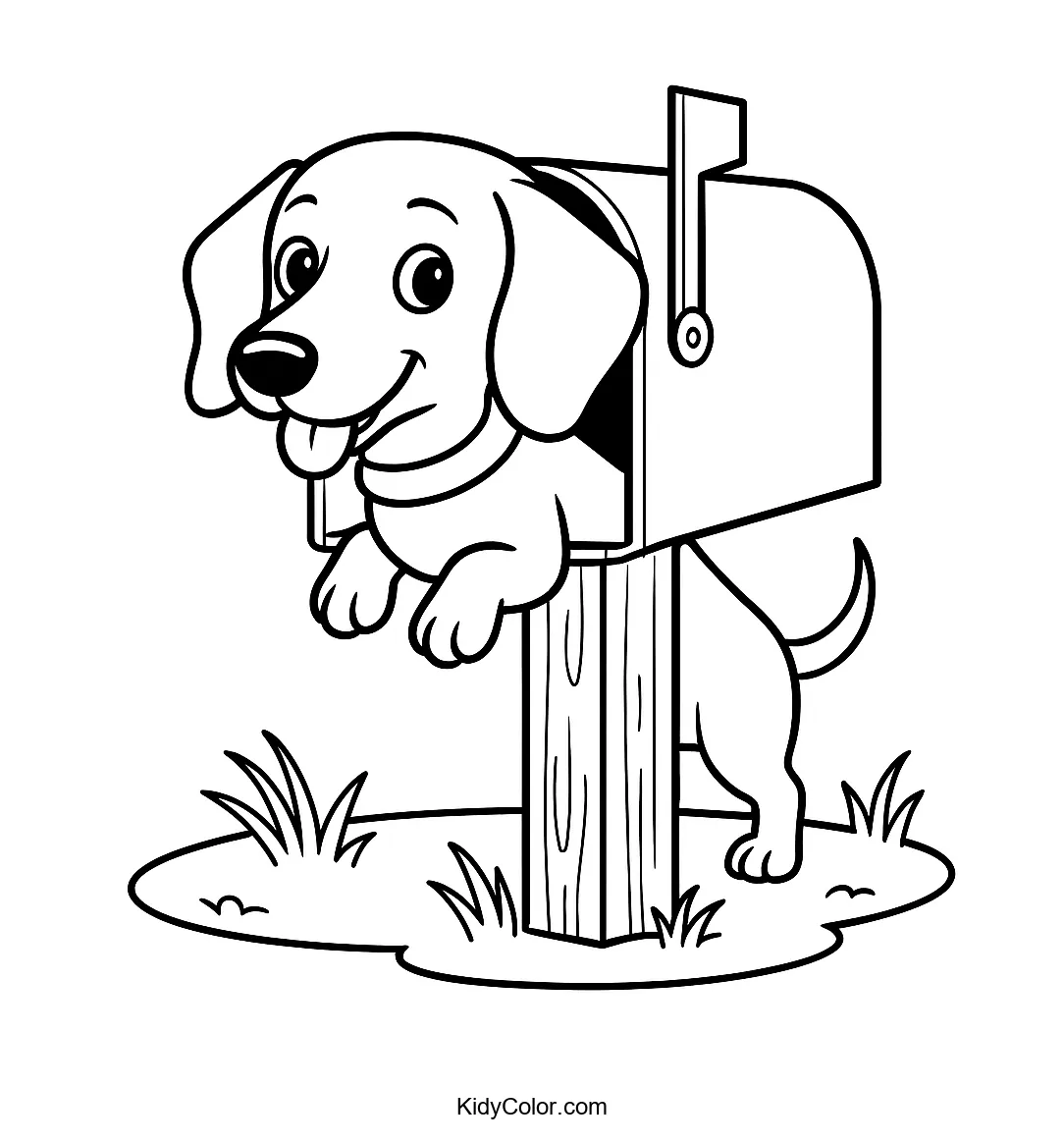 Coloring page of a Dachshund peeking from a mailbox
