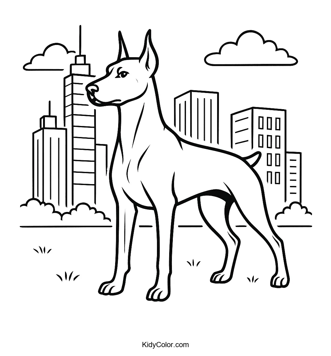 Doberman in front of city skyline
