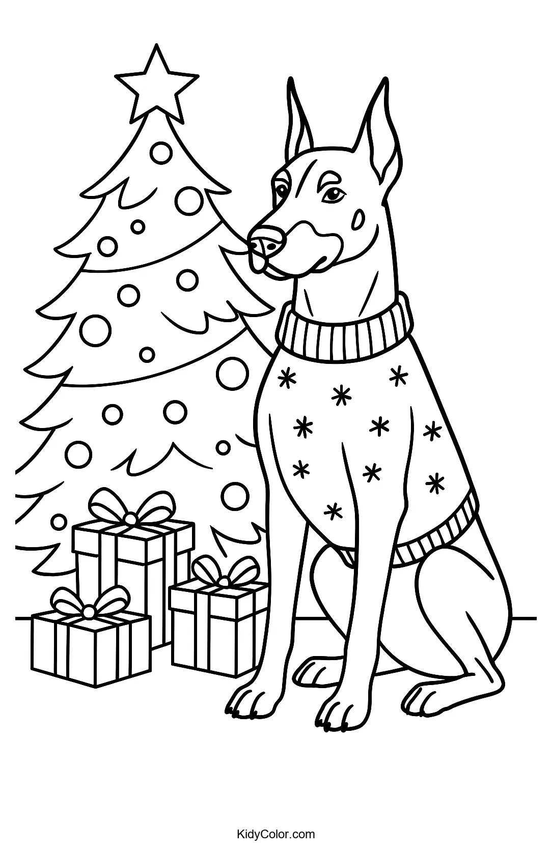 Doberman and Christmas tree coloring page