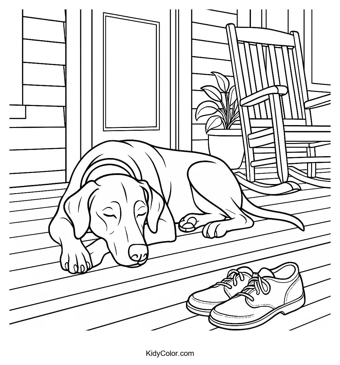 Doberman sitting on a wooden porch