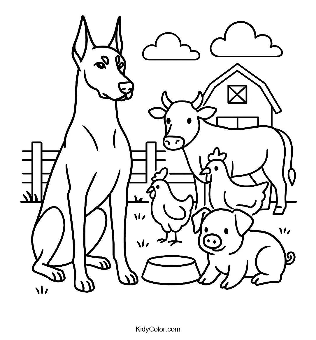 Doberman and farm animals on a countryside scene