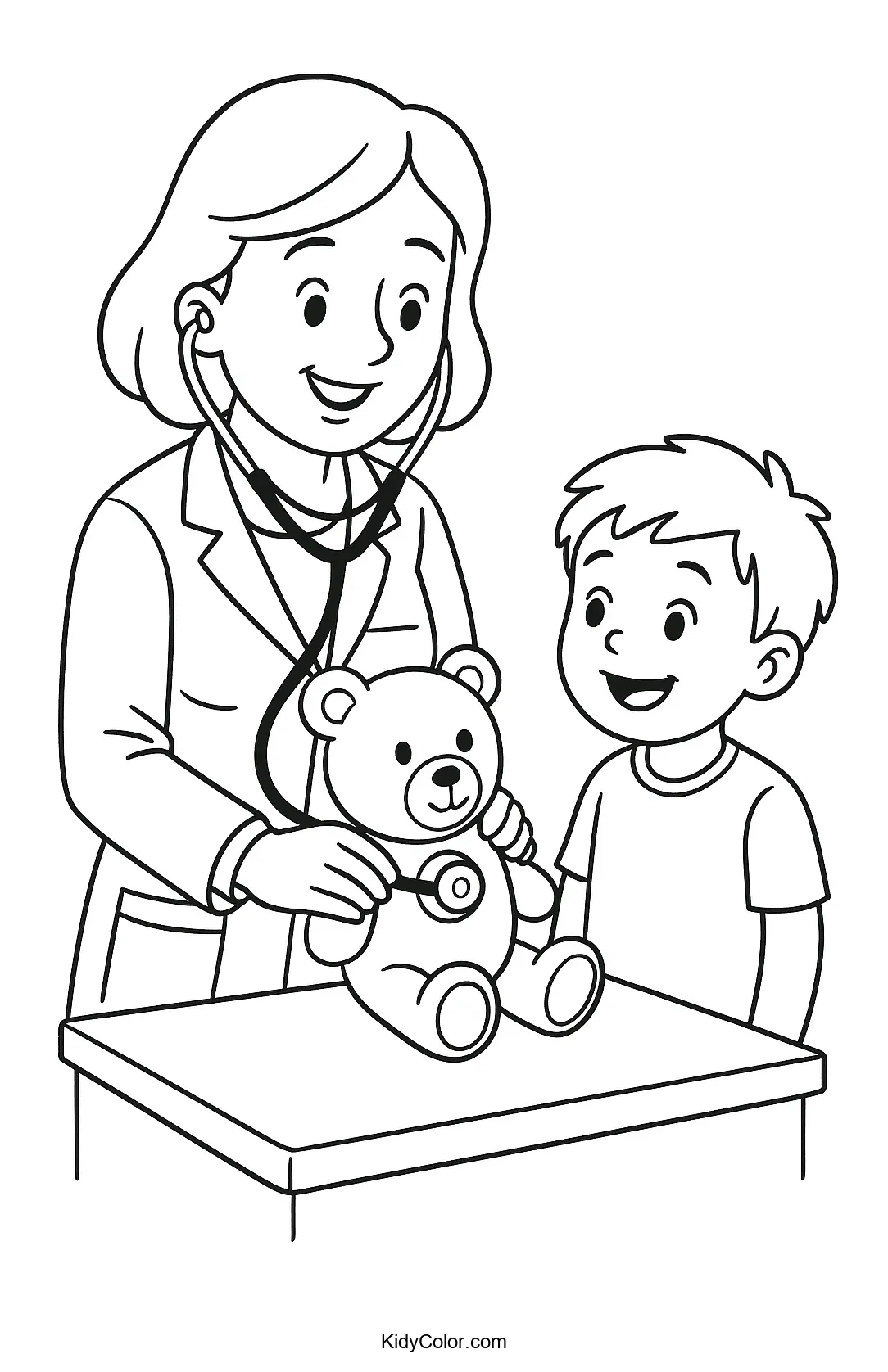 Doctor examining teddy bear with boy
