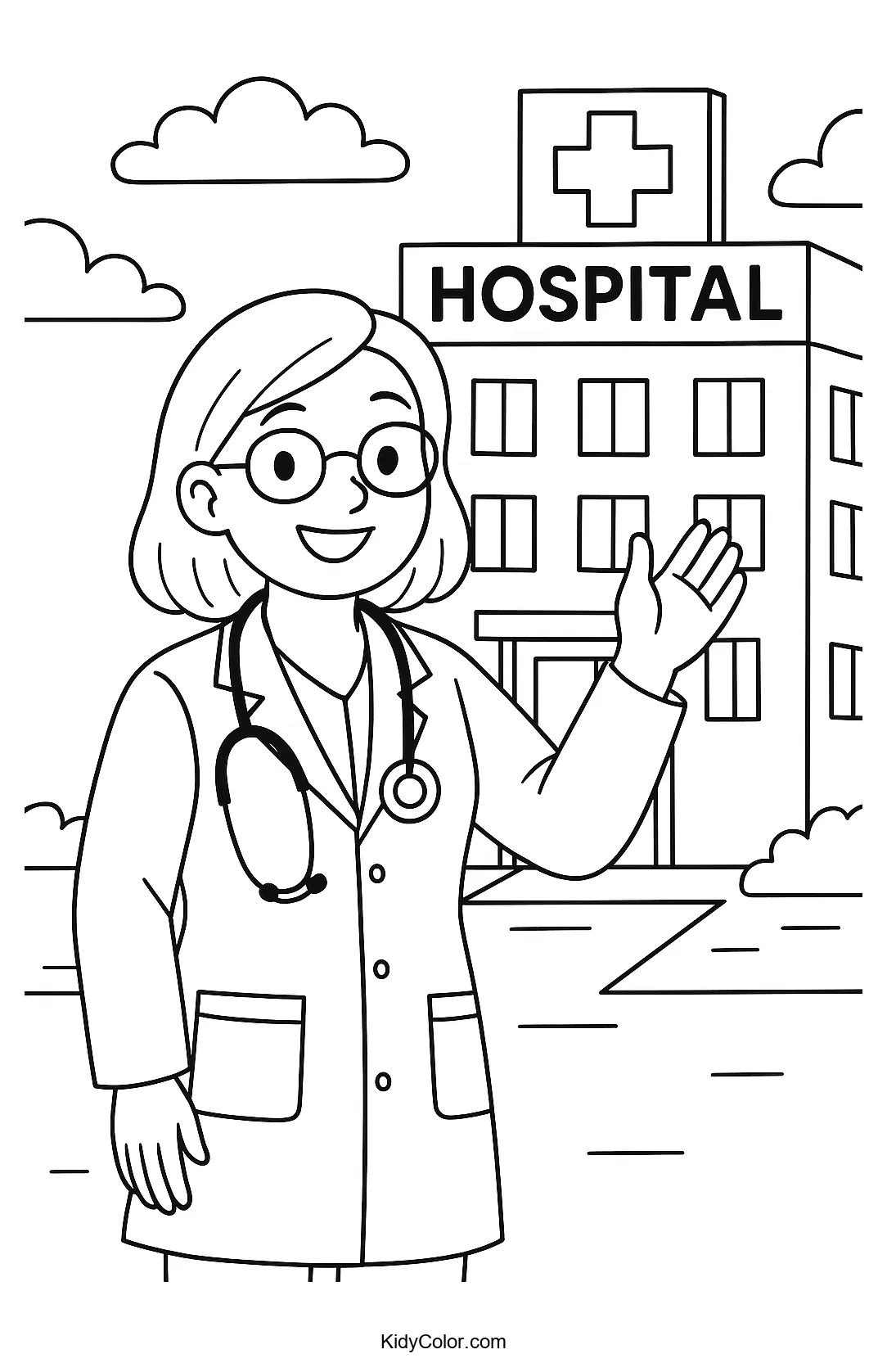 Illustration of a doctor waving in front of a hospital