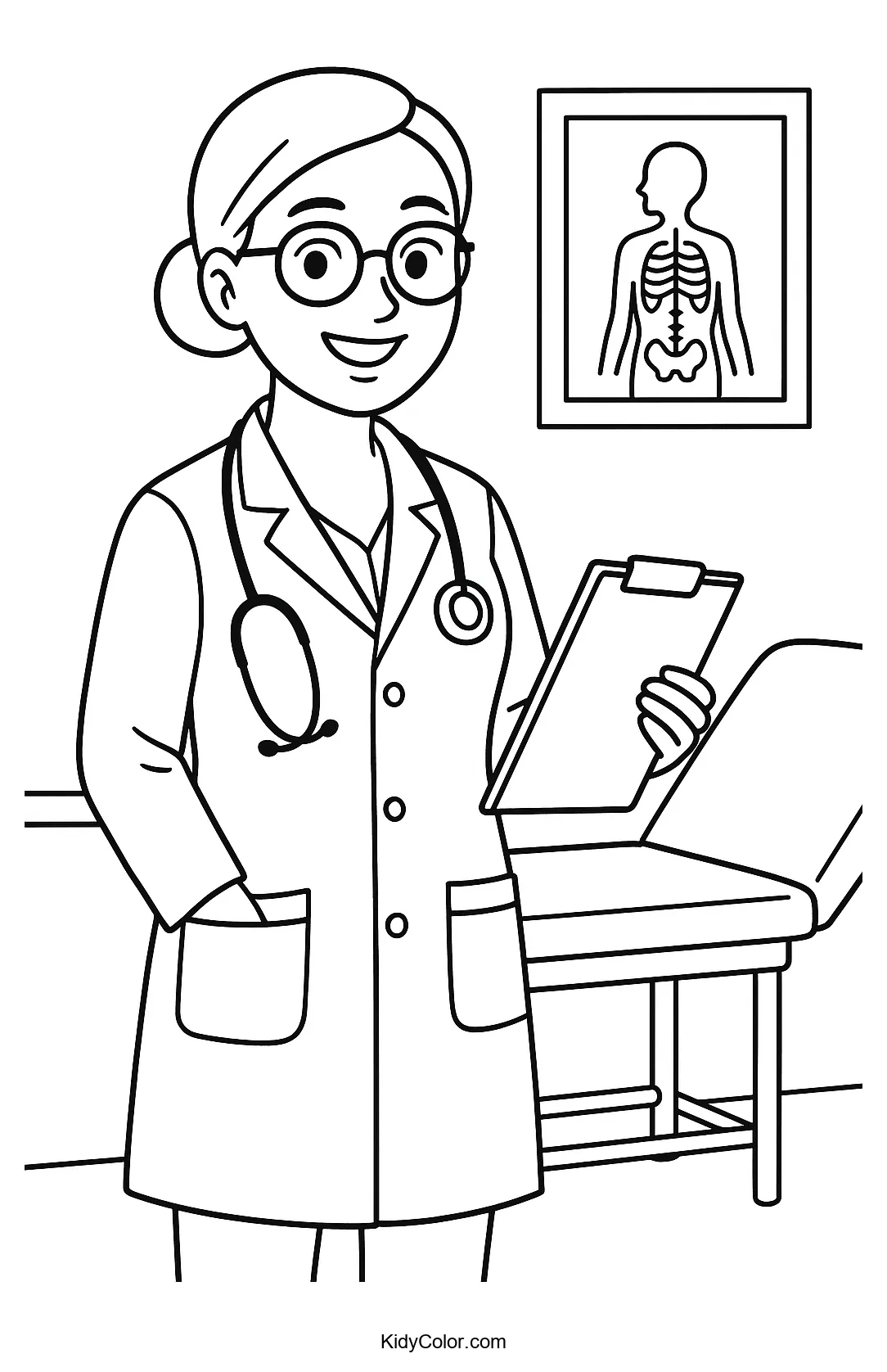 Coloring page of a doctor in a medical office