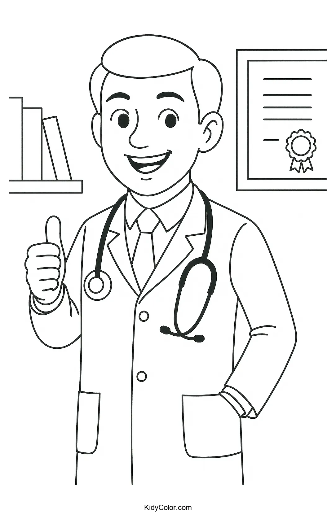 A doctor with a cheerful expression consulting a smiling child.