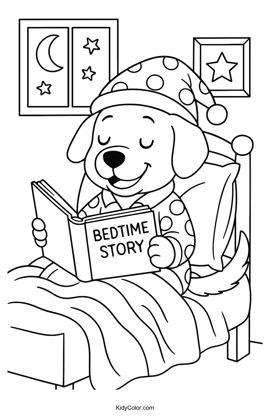 Dog listening to a bedtime story in bed
