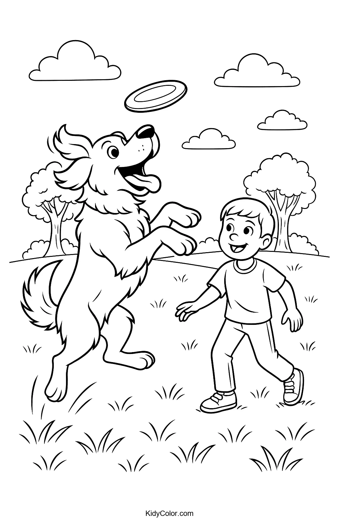 Coloring page of a boy playing with a dog in the park